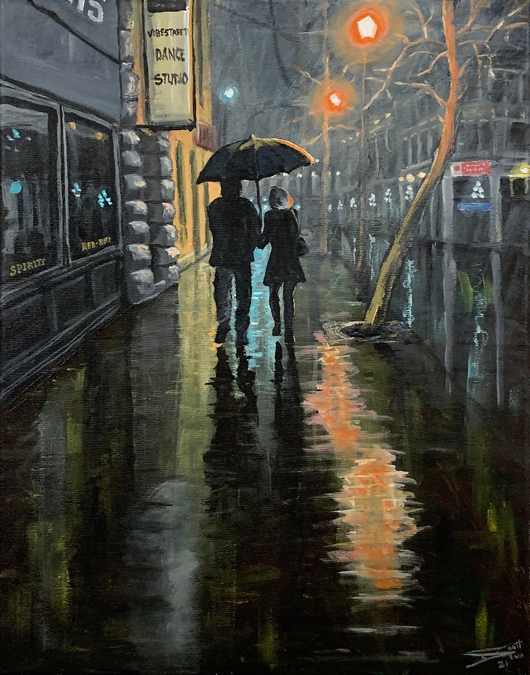 Broad Street Victoria BC Rainy Night Painting